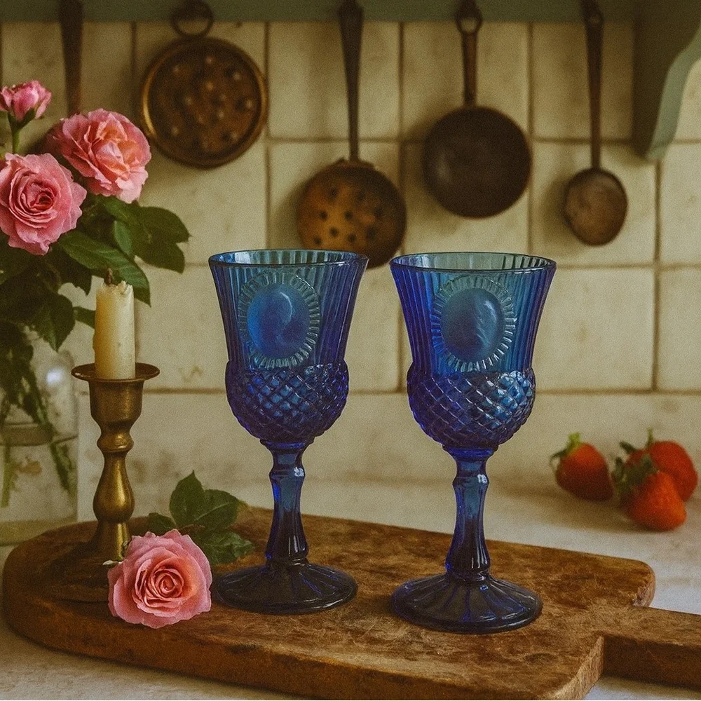 Vintage Cobalt Blue Glass Goblets | Cameo Design | Set of 2
